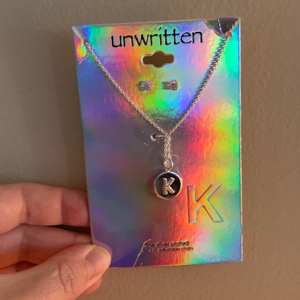 NWT K Initial Necklace + Stud Earrings